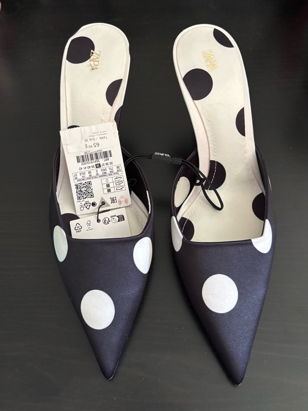 Zara Black and White Polka Dot Satin Slingback Pumps